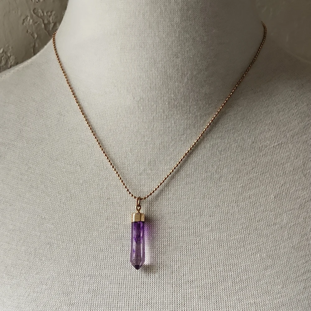 Gold Tone Necklace Purple Smoky Crystal Obelisk Charm